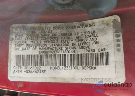 2003 Toyota Corolla S z USA, uszkodzony, nr VIN 1NXBR32E93Z180144